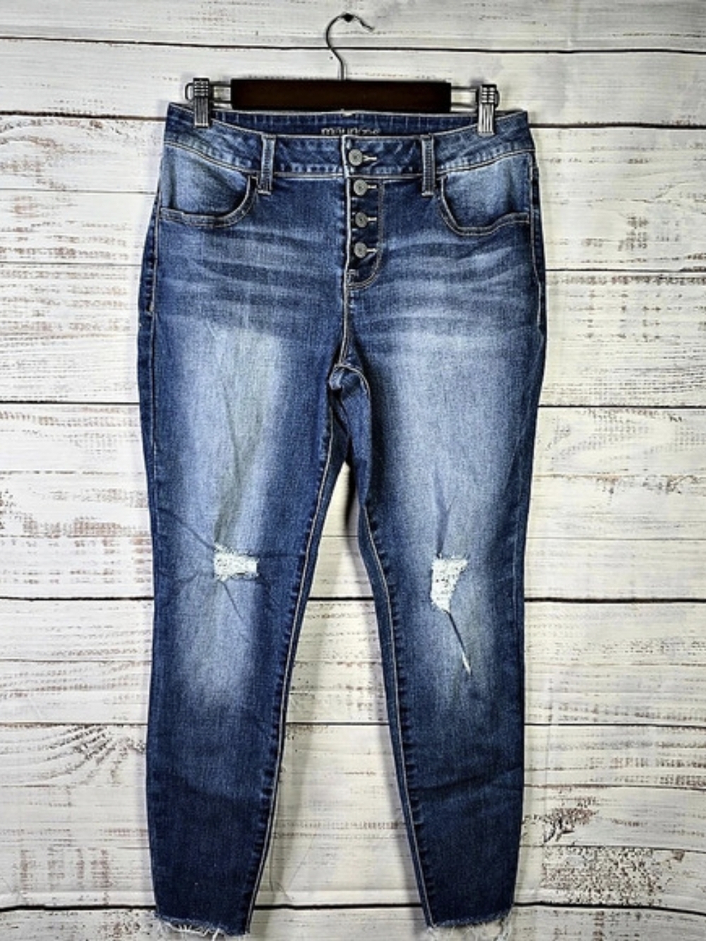 Maurices Distressed Button Fly Skinny Jeans Medium Short Raw Hem